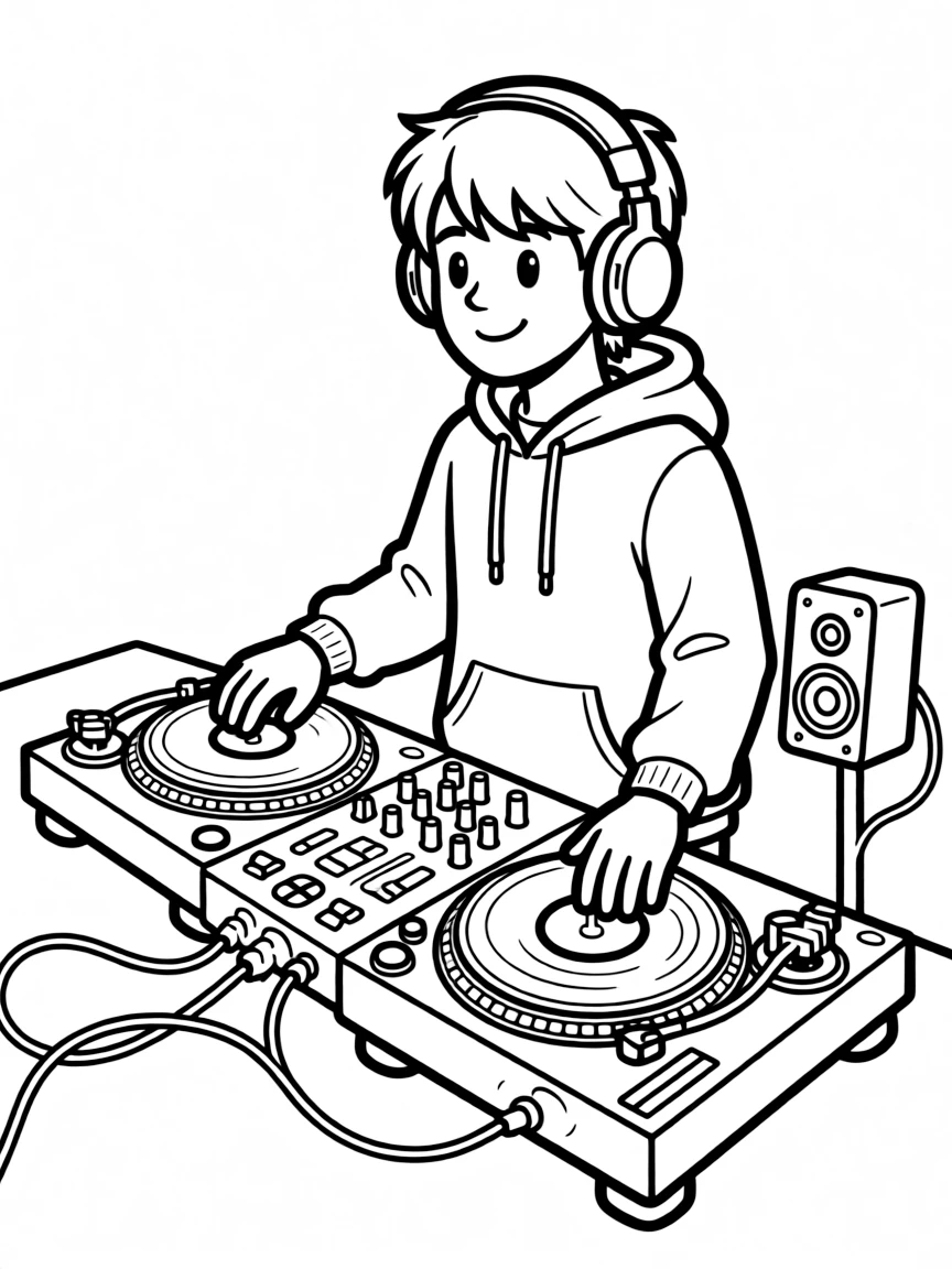 A DJ at turntables with detailed equipment and headphones
