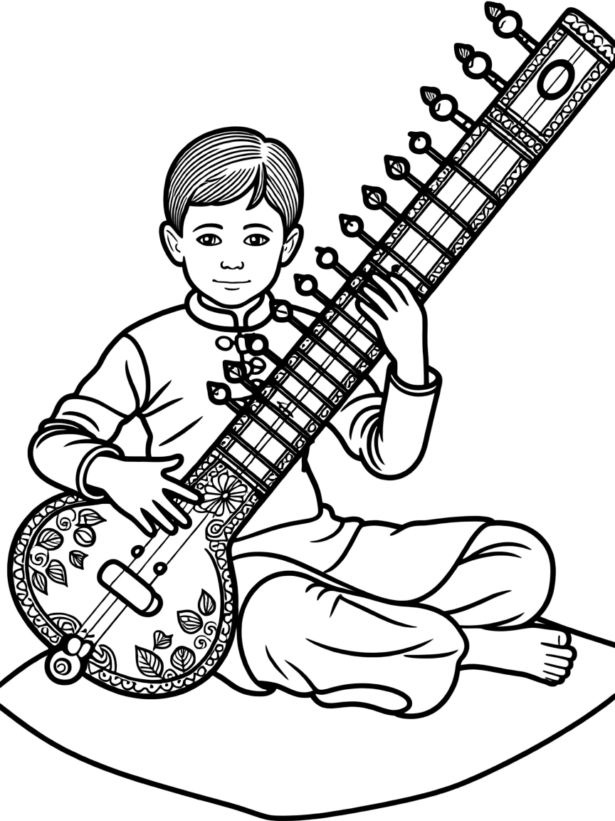 A sitar player in traditional Indian attire with ornate instrument decoration