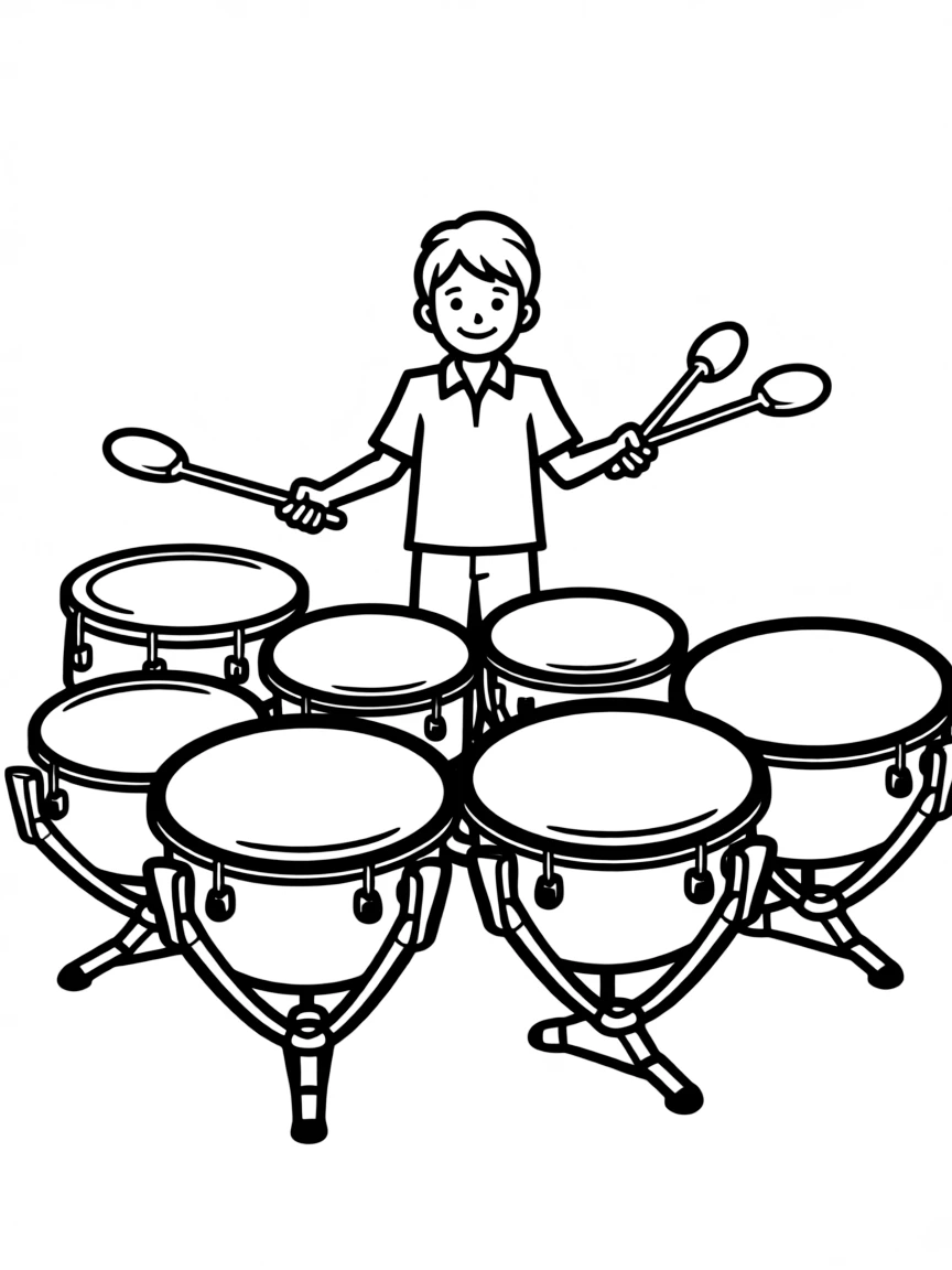 A timpani player with multiple drums and specialized mallets