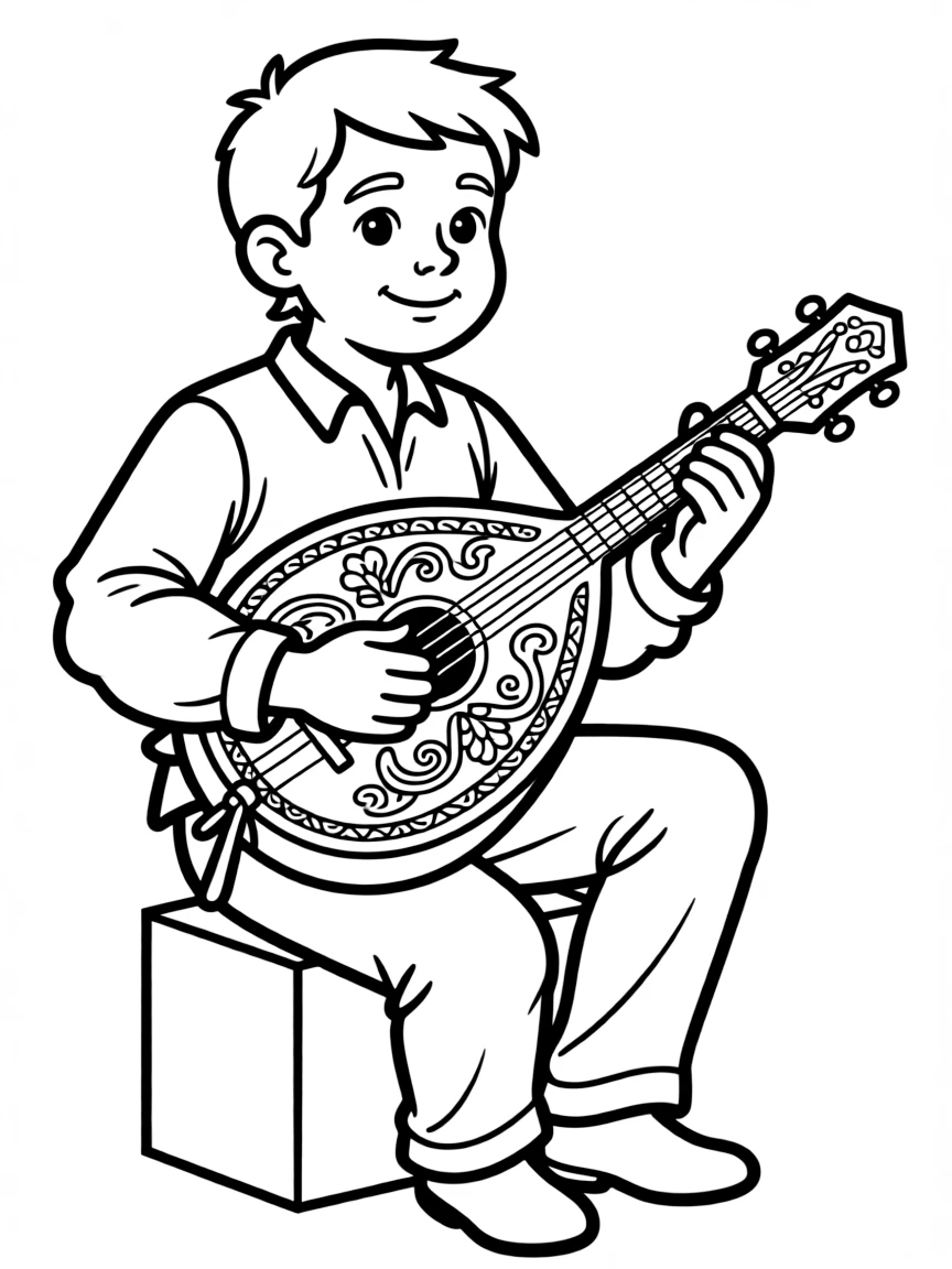 A folk musician playing dulcimer with detailed soundboard patterns
