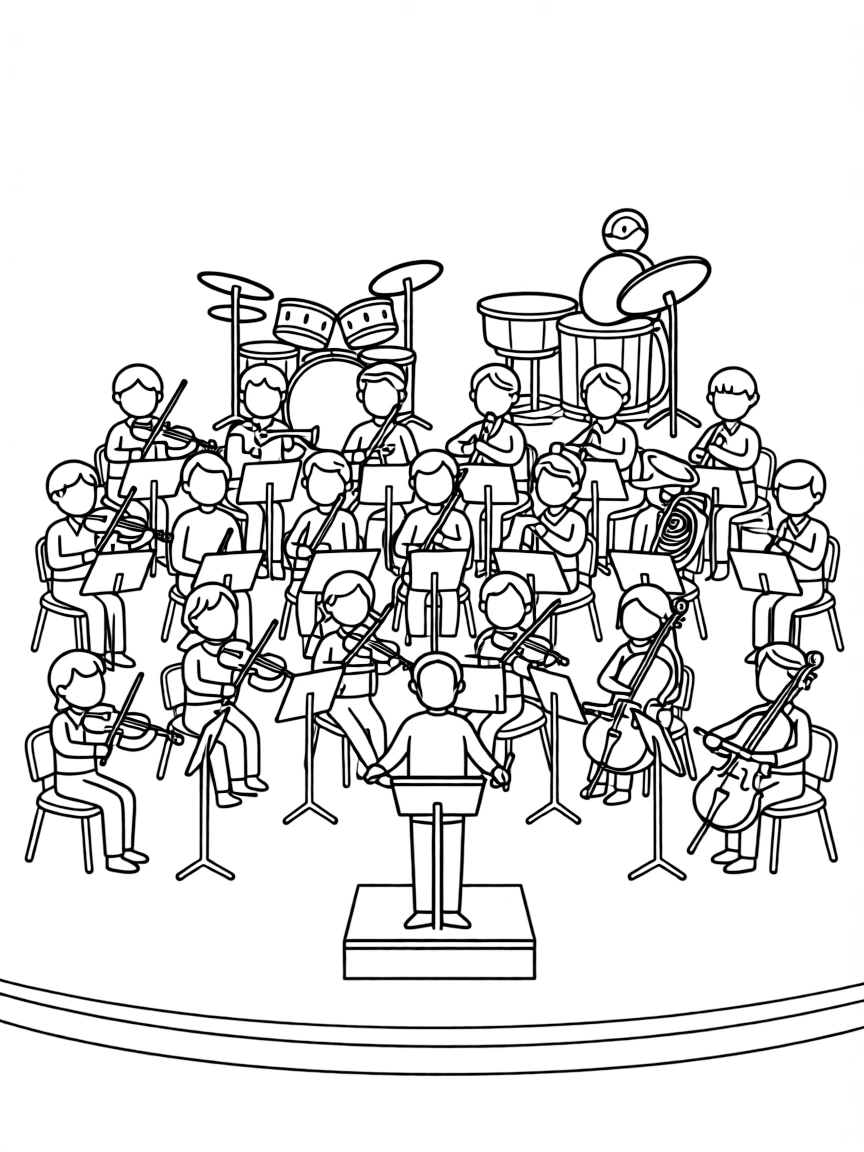 A symphony orchestra on stage with sections of different instruments
