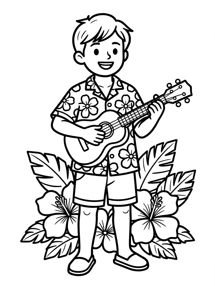 A ukulele player with floral Hawaiian shirt and detailed instrument