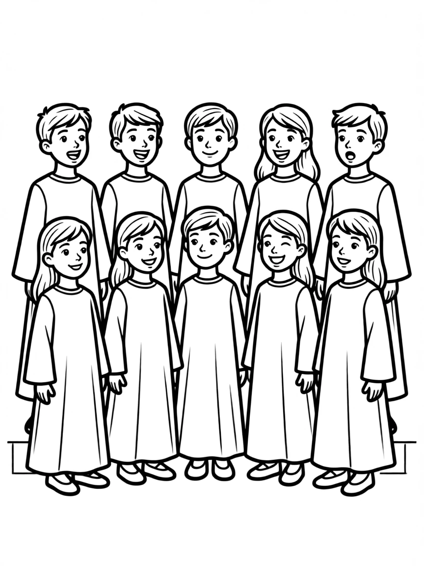 A children's choir in robes with varied expressions and heights