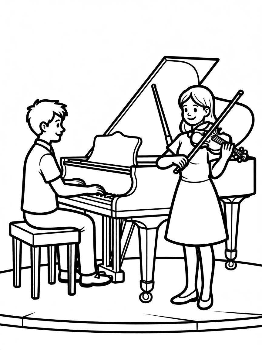 A piano-violin duet with musicians facing each other in performance