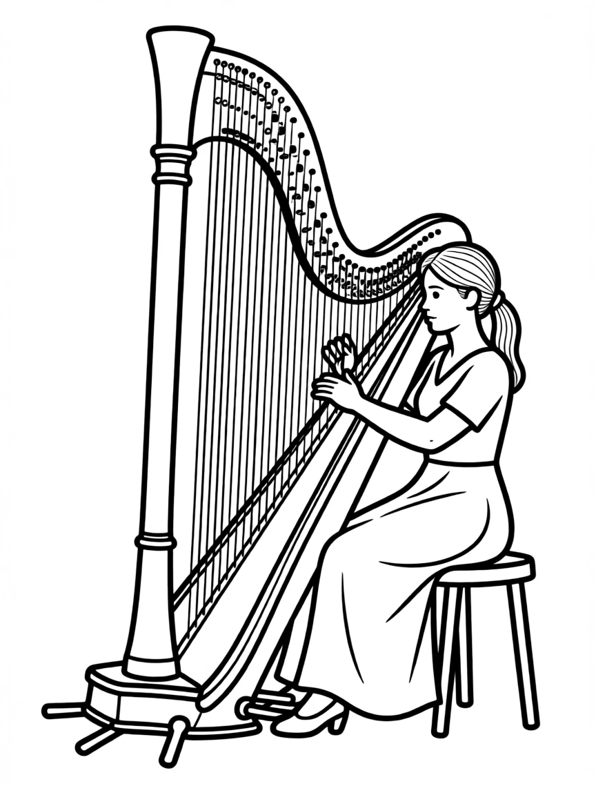 A concert harpist with pedal mechanism shown in detail