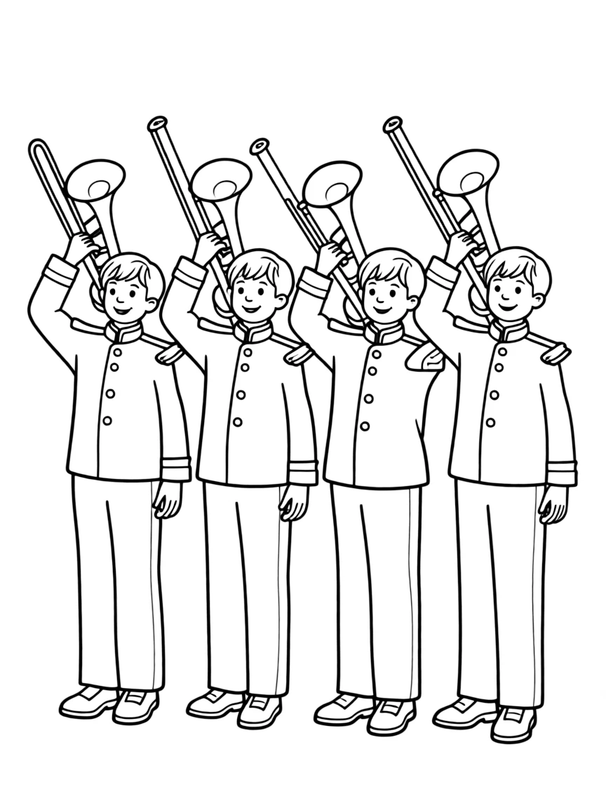 A trombone section in matching uniforms with instruments raised