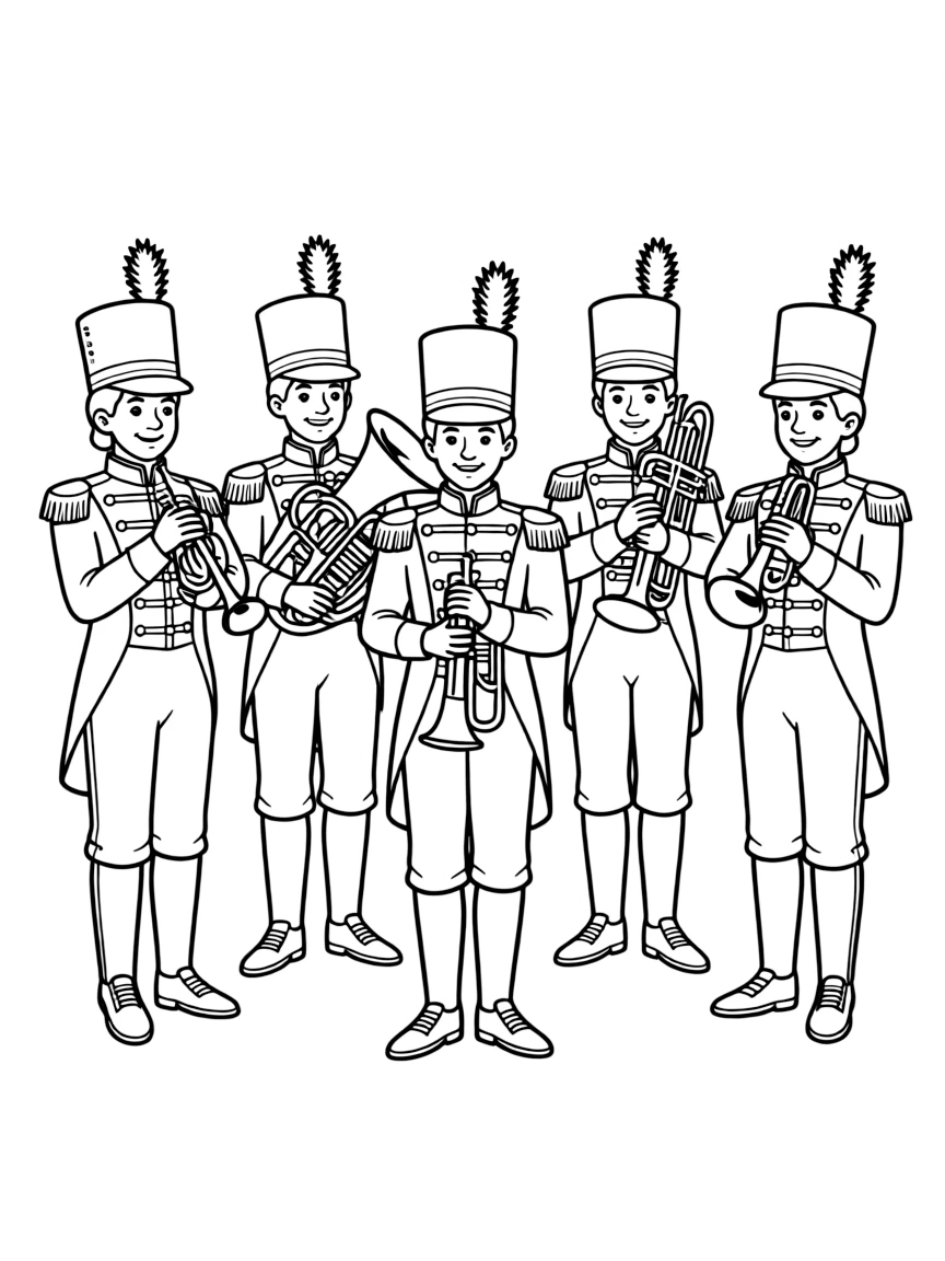 A brass band in Victorian-era uniforms with period instruments
