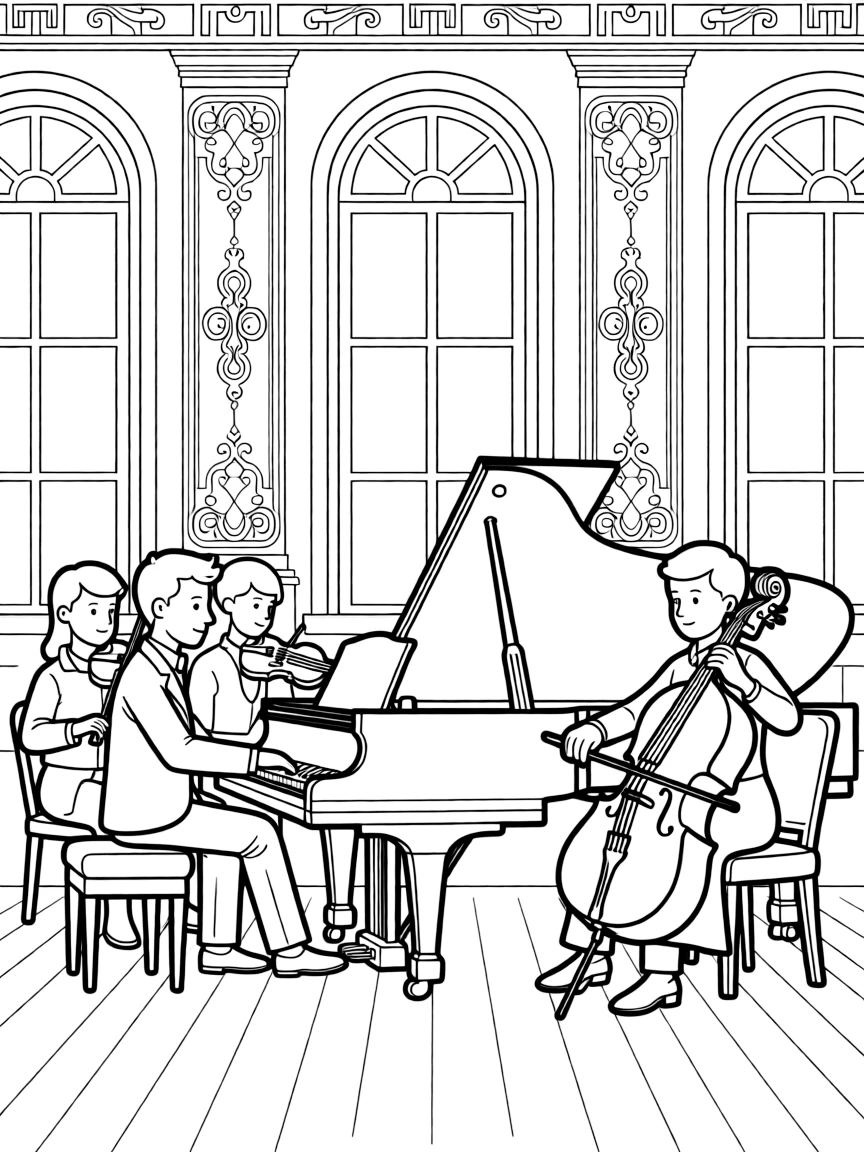 A classical quartet performing in an ornate chamber music hall