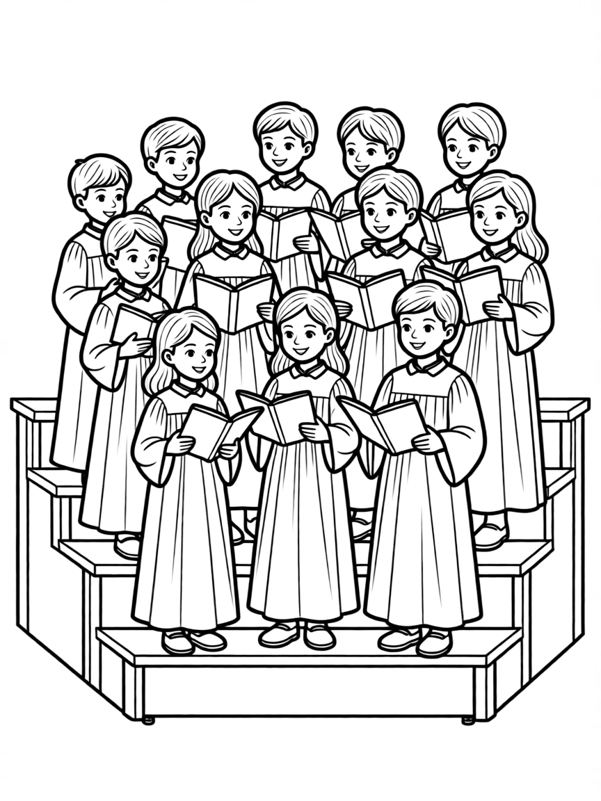 A church choir in robes arranged on tiered risers