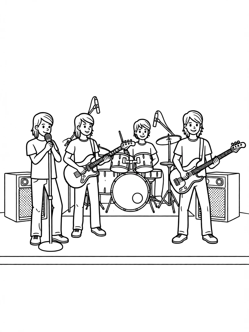 A rock band performing on stage with detailed instruments and equipment