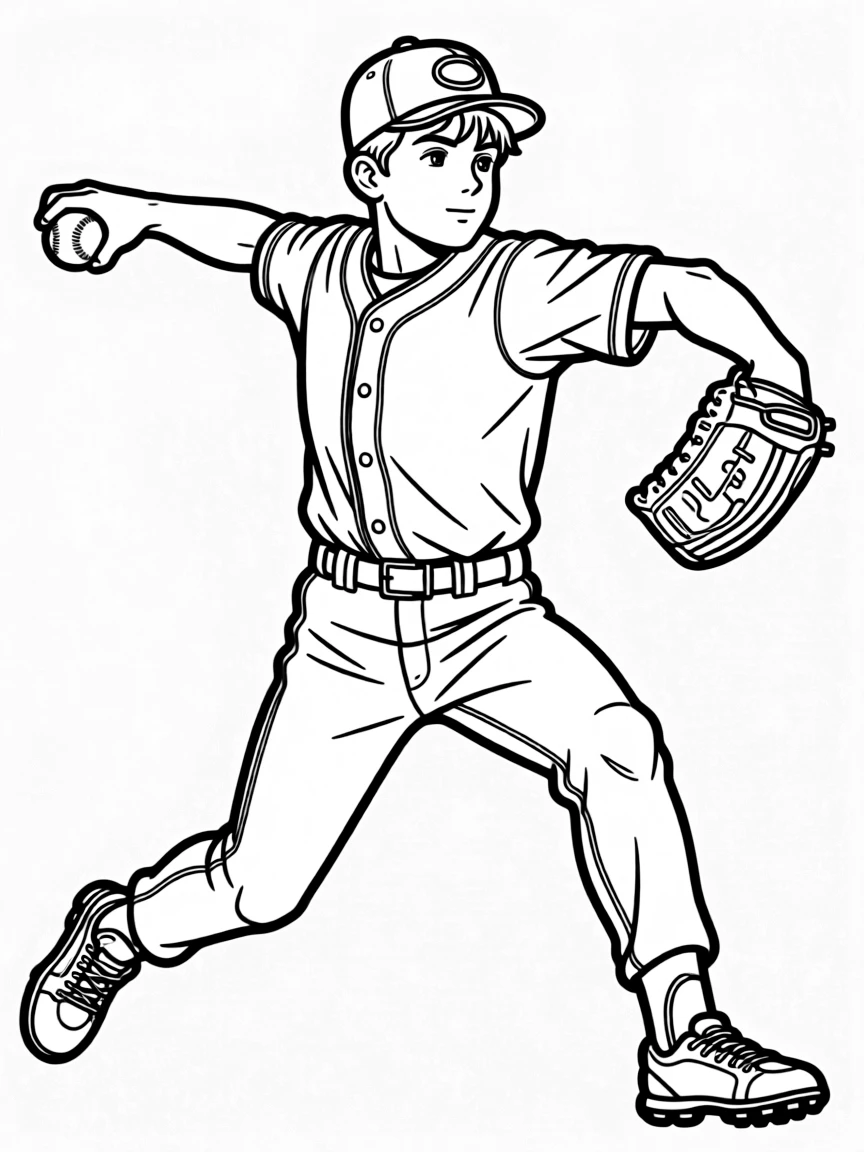 A baseball pitcher in wind-up position with detailed uniform stitching