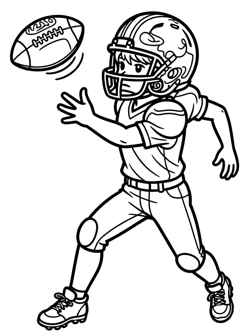 A football quarterback throwing a spiral pass with detailed helmet design