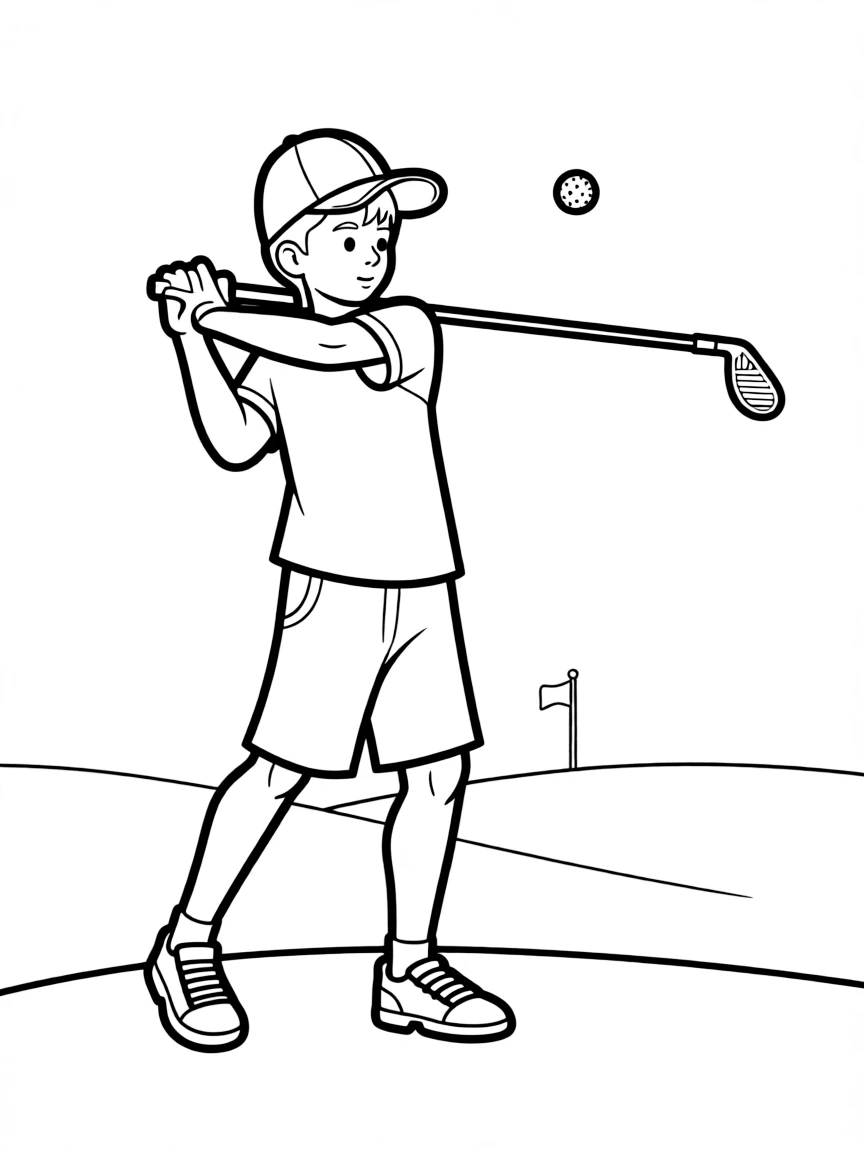 A golfer mid-swing with detailed club and stance positioning
