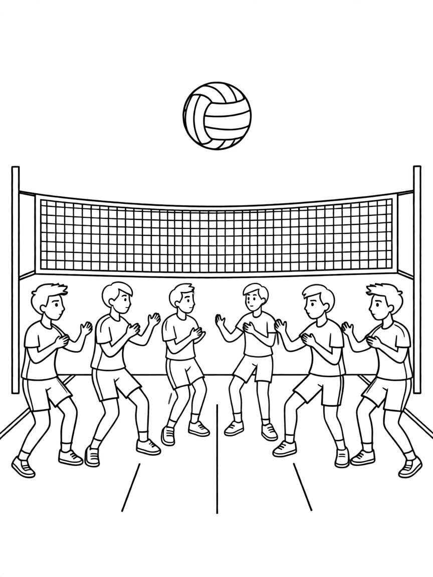 A volleyball team at the net in defensive formation