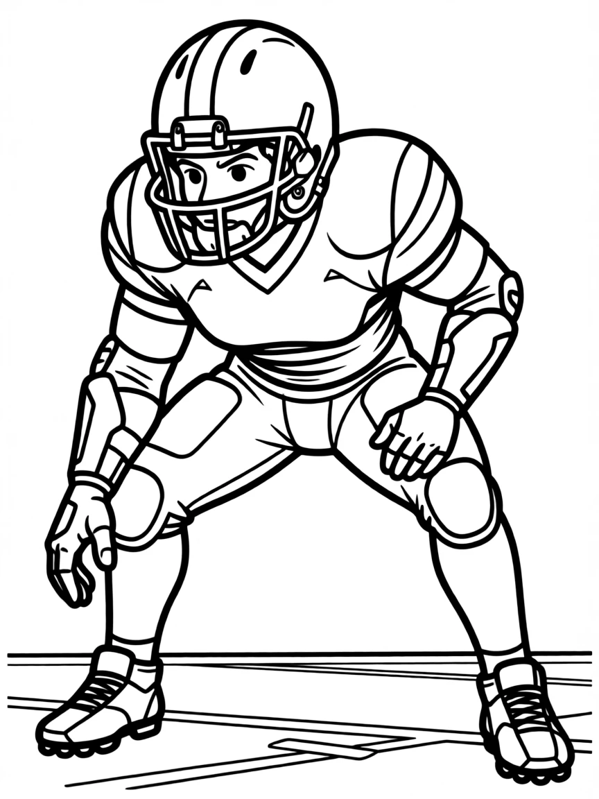 A football lineman in three-point stance with detailed helmet and padding