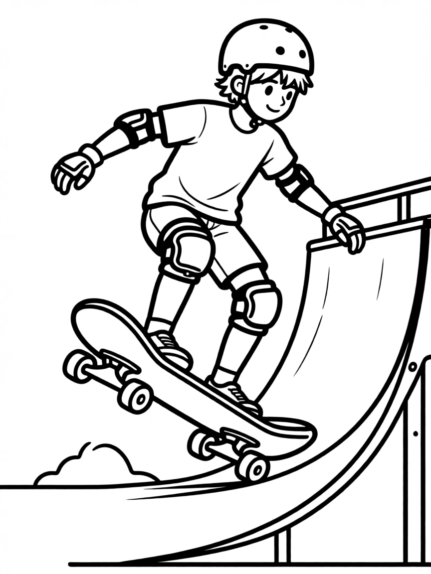 A skateboarder on a half-pipe with board details and safety gear