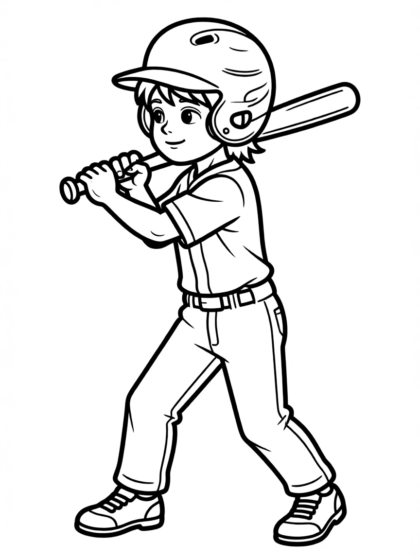 A baseball batter in stance with detailed batting helmet and grip