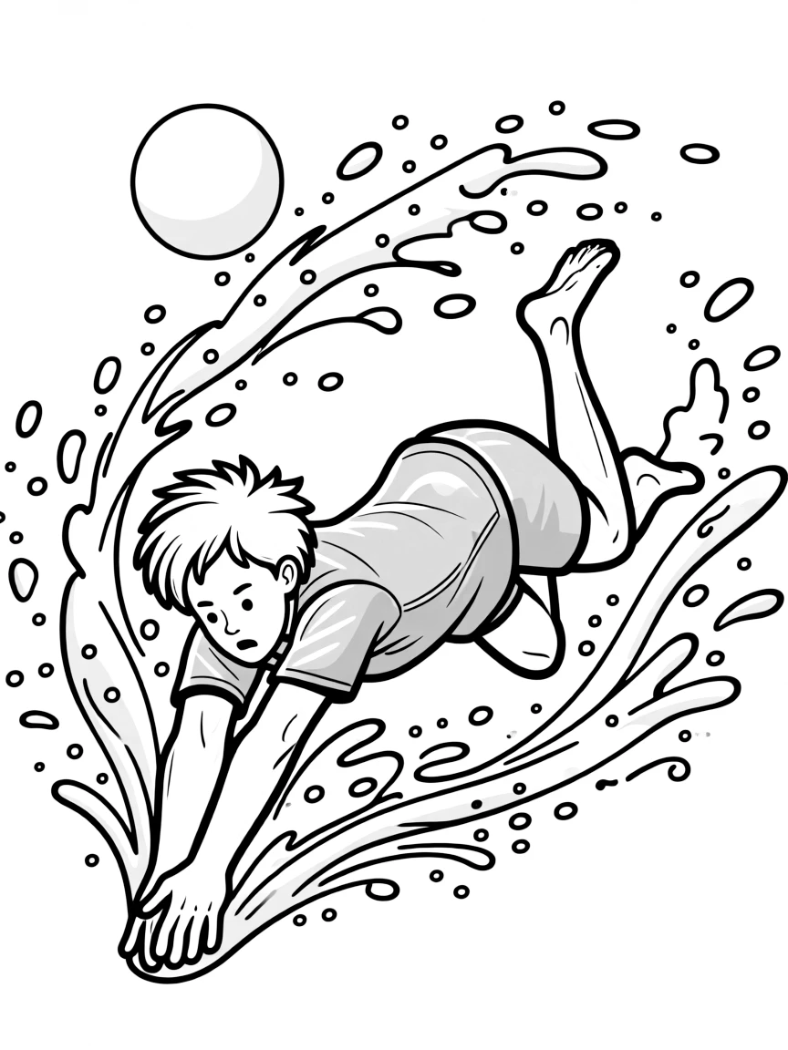 A beach volleyball player diving for a dig with sand spray