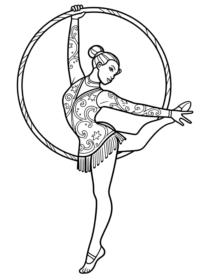 A rhythmic gymnast with hoop showing detailed costume and flexibility