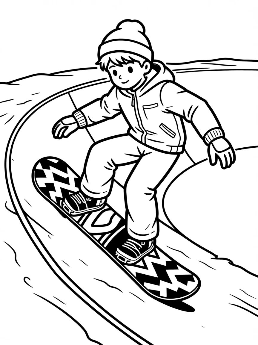 A snowboarder on a half-pipe with board graphics and gear