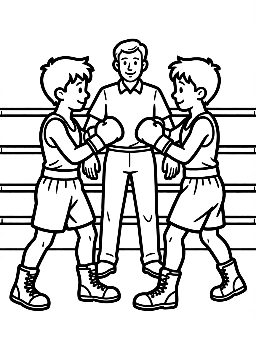 A boxing match clinch with referee separating fighters