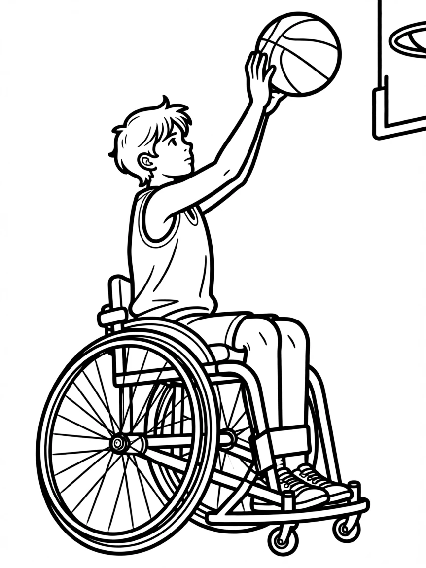 A wheelchair basketball player shooting with detailed chair design