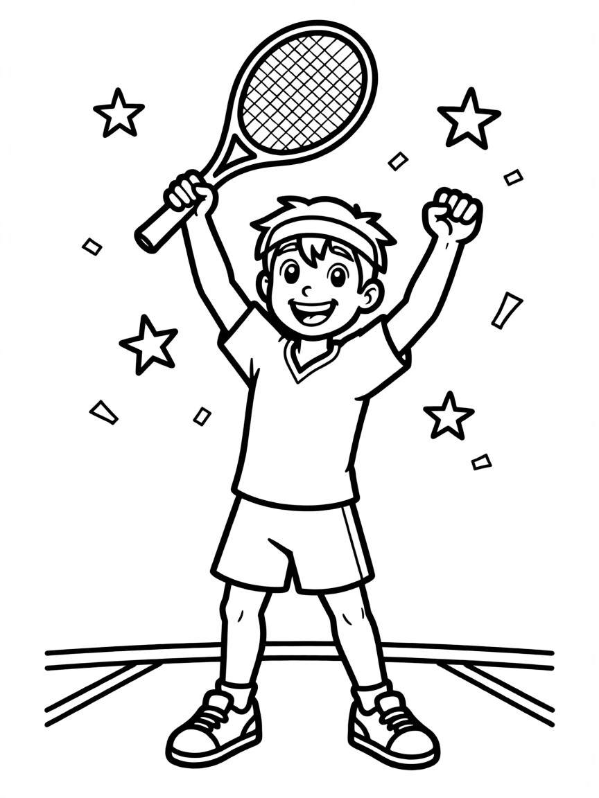 A tennis player celebrating a win with detailed racket raised