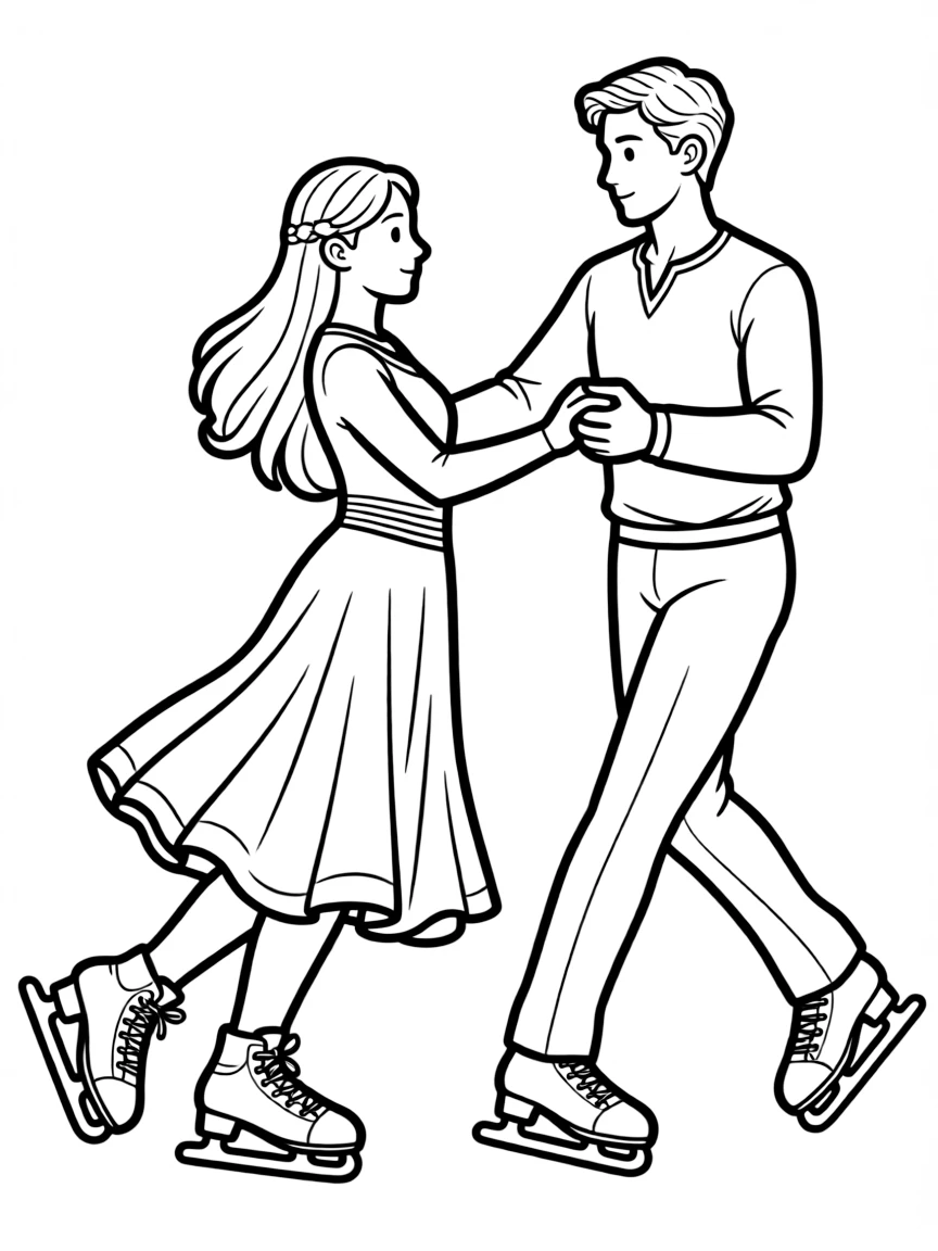 An ice dancing couple in matching outfits with detailed skates