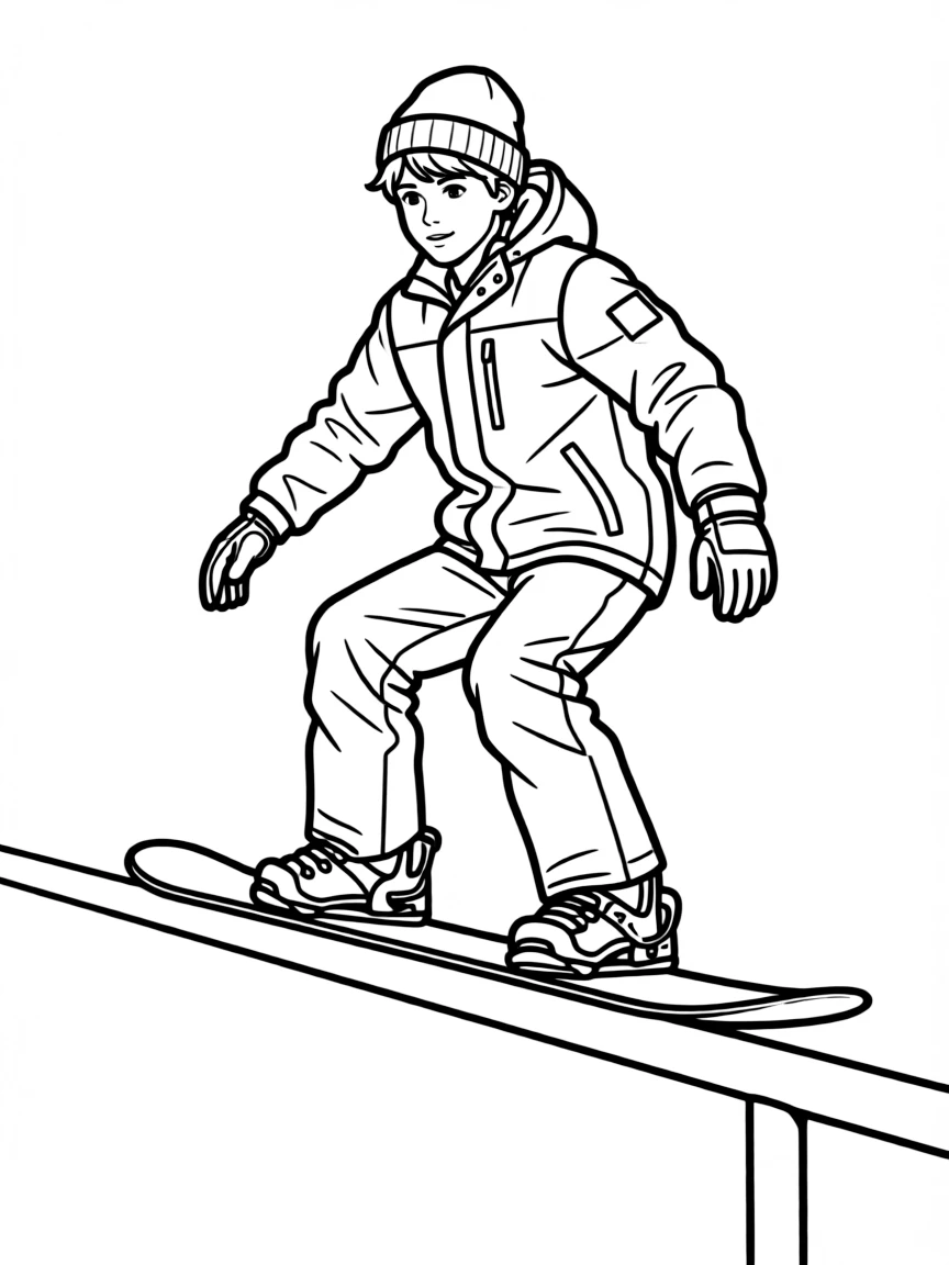 A snowboarder on a rail with detailed board and binding design