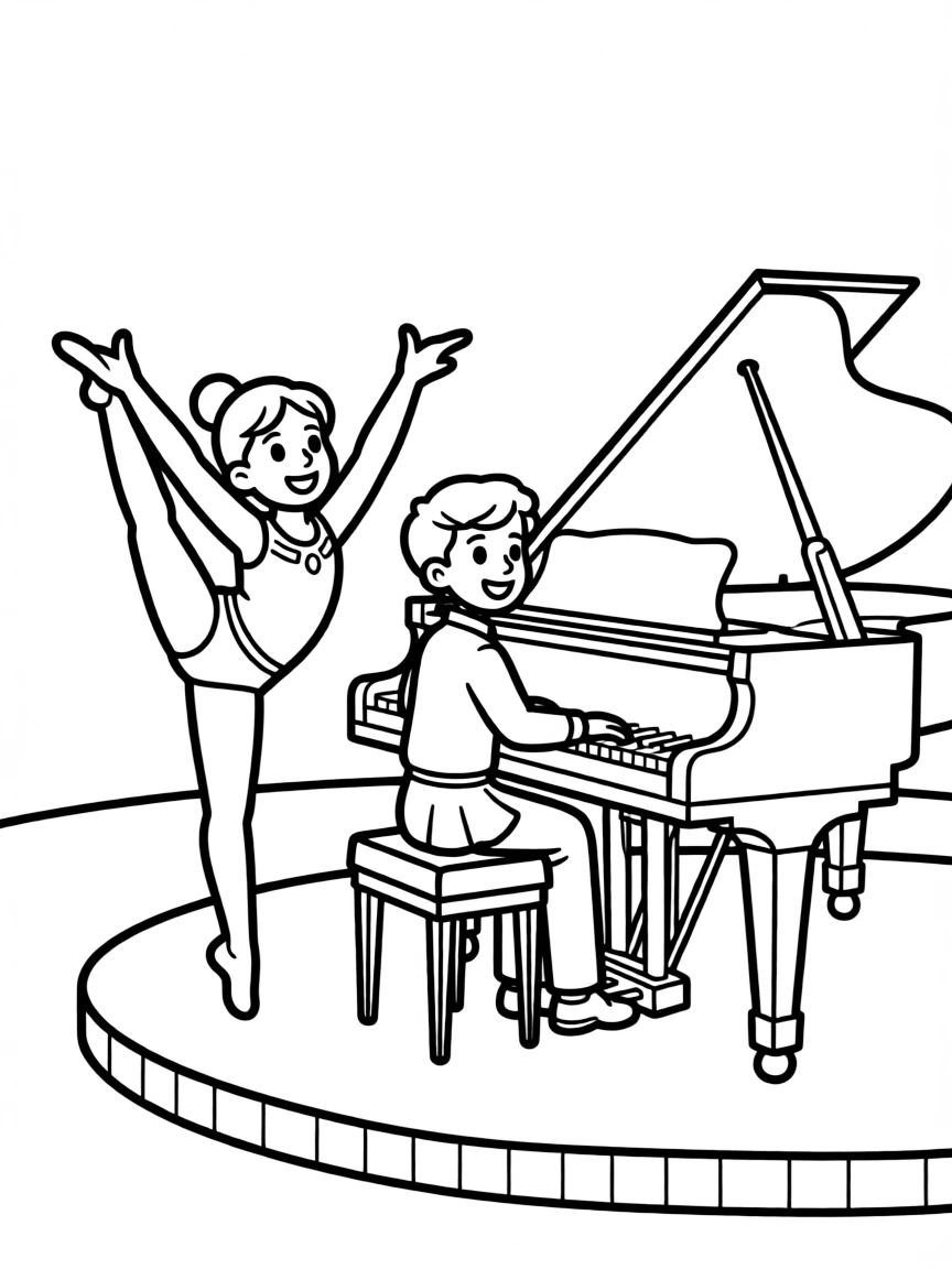 A gymnast performing to a solo pianist with both in matching outfits