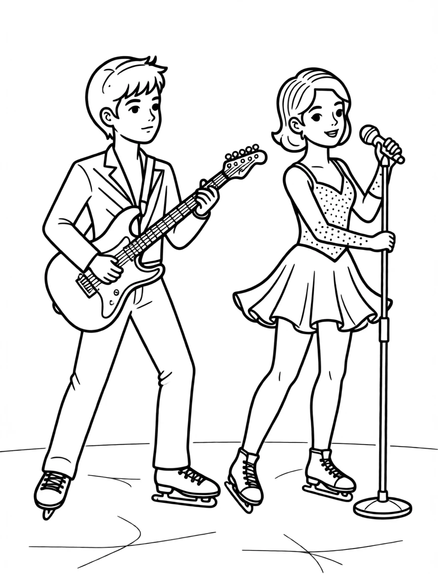 A figure skating pair dressed as famous musicians with instrument props