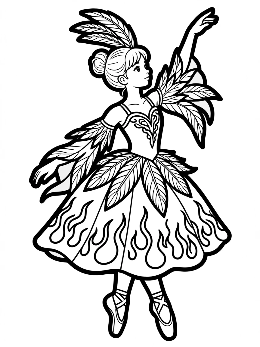 A ballerina in a Firebird costume with elaborate feathered details and flame patterns