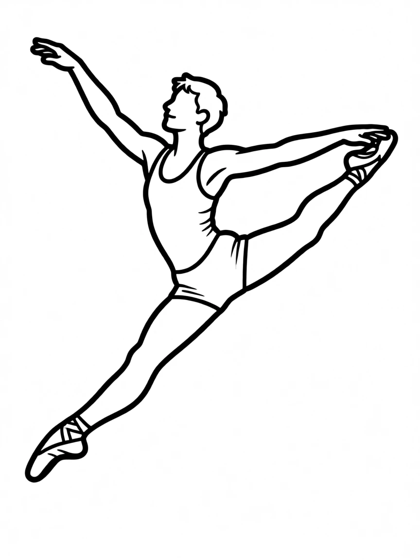 A male ballet dancer mid-air in a split leap with perfect symmetrical form
