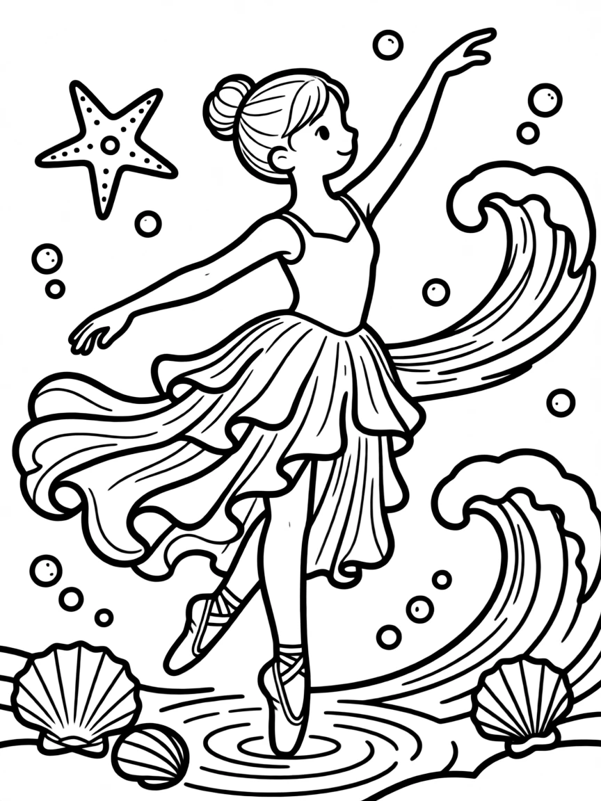 A ballerina in an underwater-themed costume with flowing fabric resembling waves