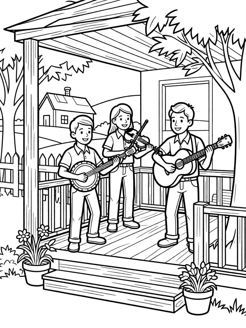 A bluegrass band performing on a porch with detailed rural setting