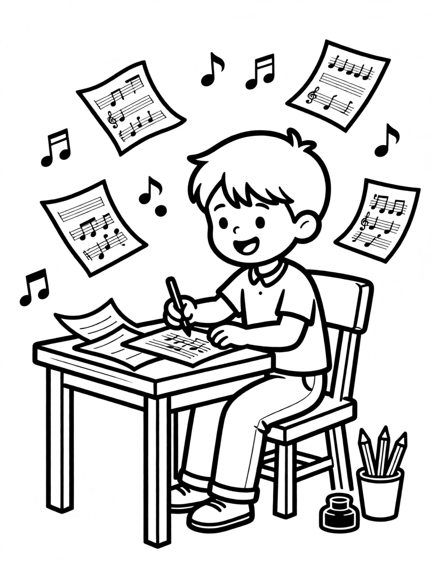 A composer surrounded by floating musical notes and composition papers