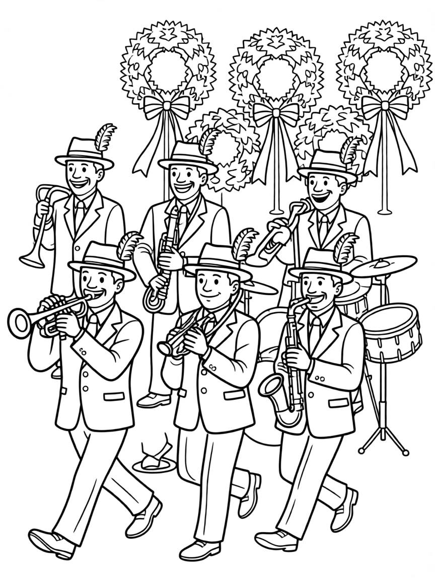 A New Orleans jazz funeral procession with detailed instruments and attire
