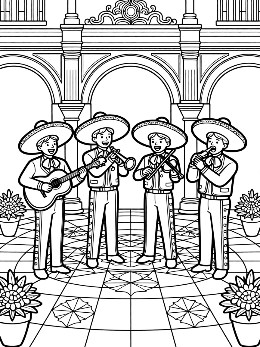 A mariachi band performing in an ornate plaza with architectural details