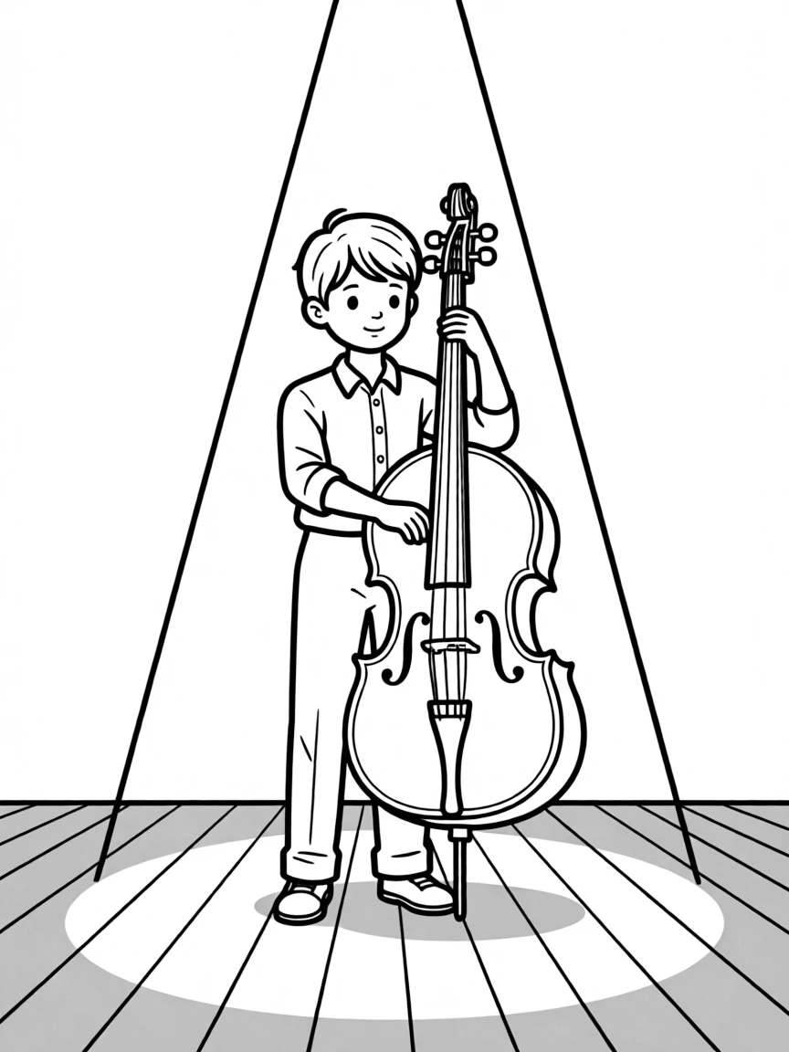 A cello soloist on empty stage with dramatic spotlight and shadows