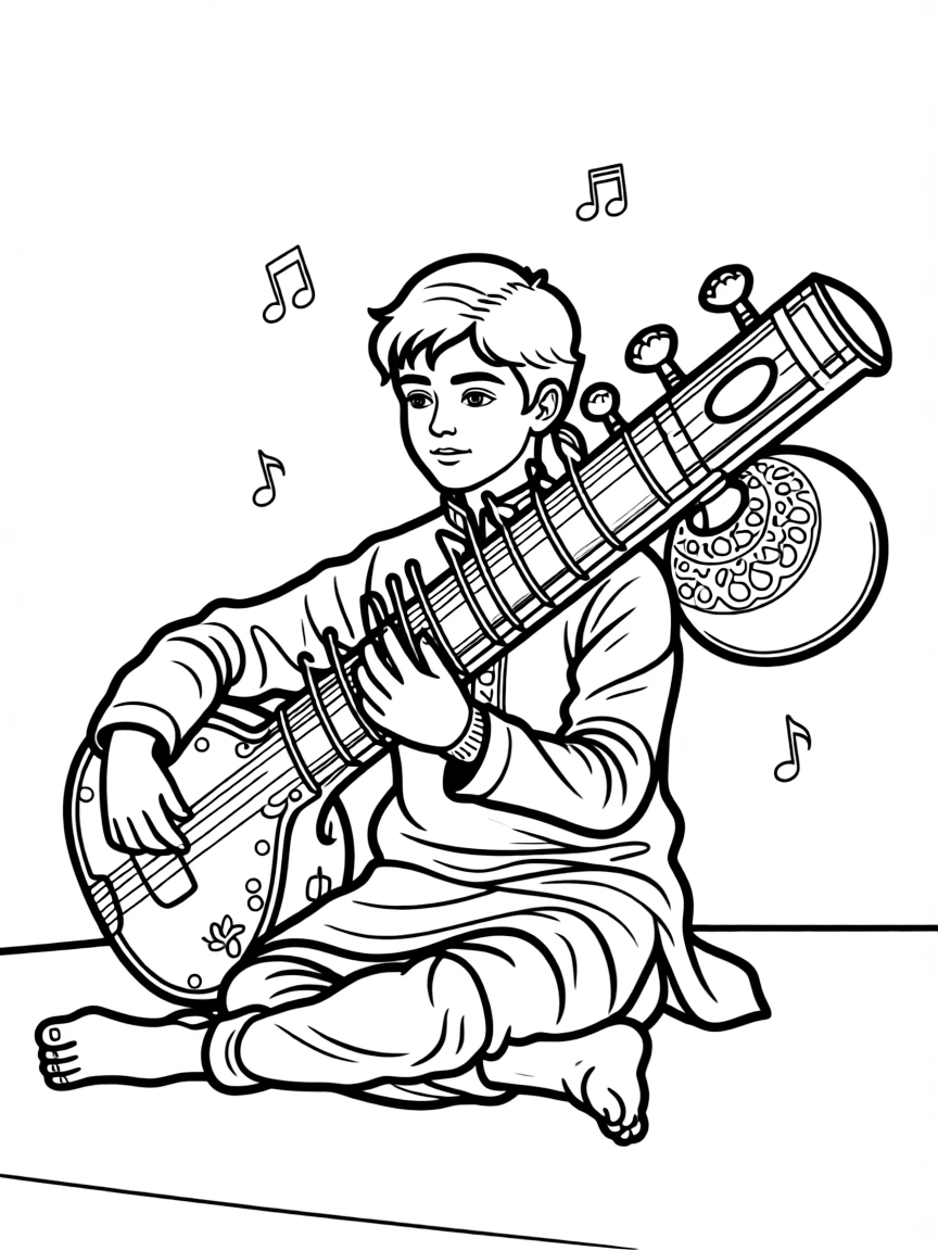 A classical Indian sitar player in traditional pose with ornate instrument
