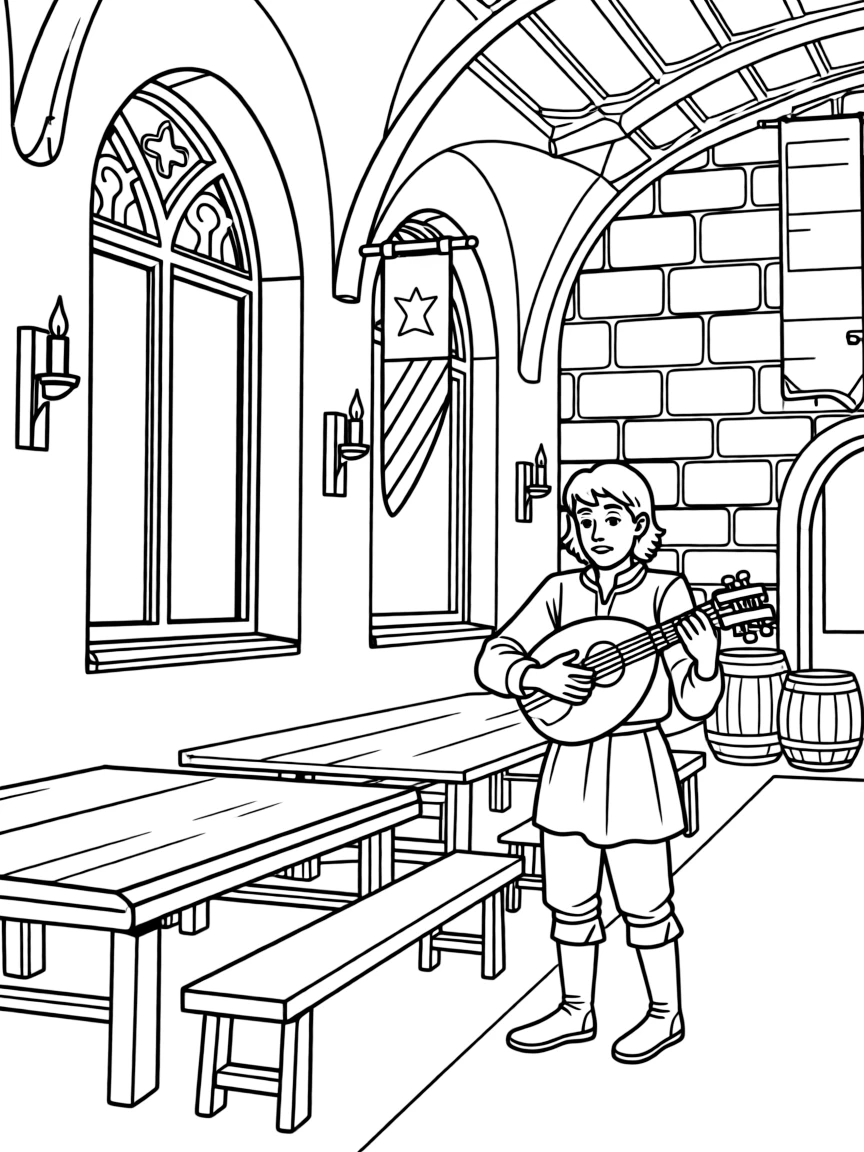 A medieval minstrel performing in a detailed castle great hall