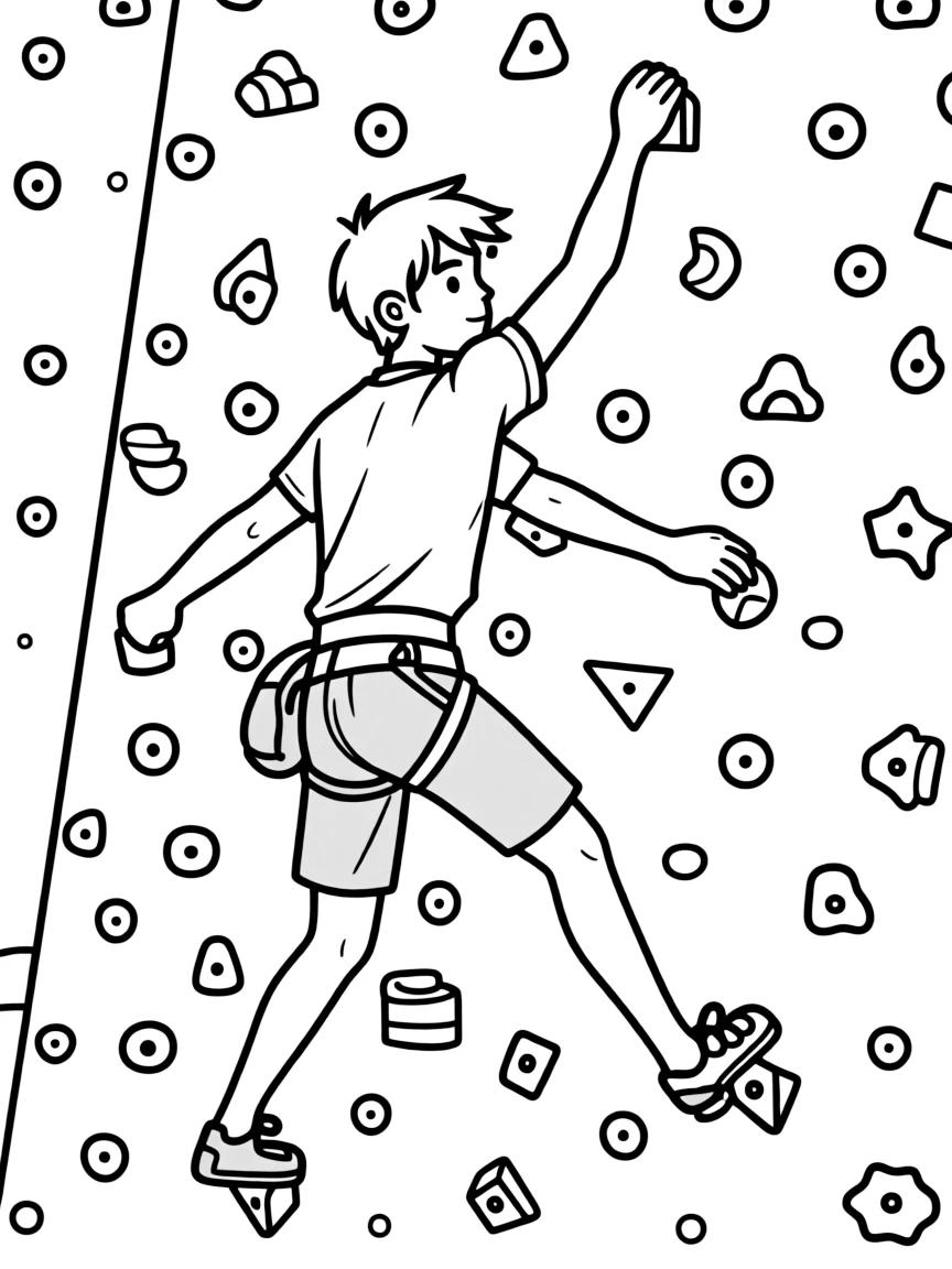 A rock climber on challenging route with detailed hand and foot holds