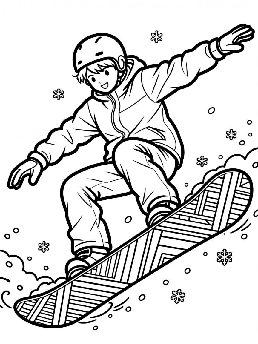 A snowboarder in mid-air trick with detailed board graphics
