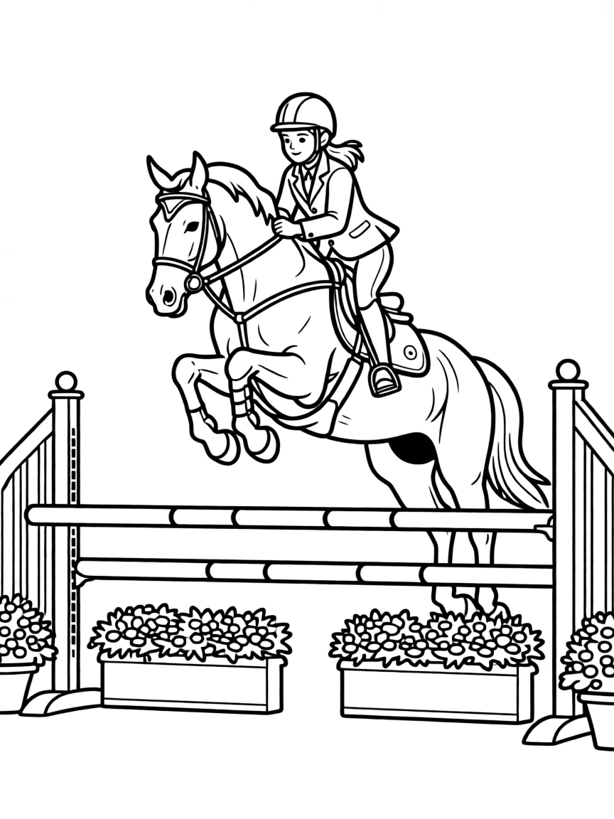 An equestrian jumper and horse clearing an elaborate obstacle