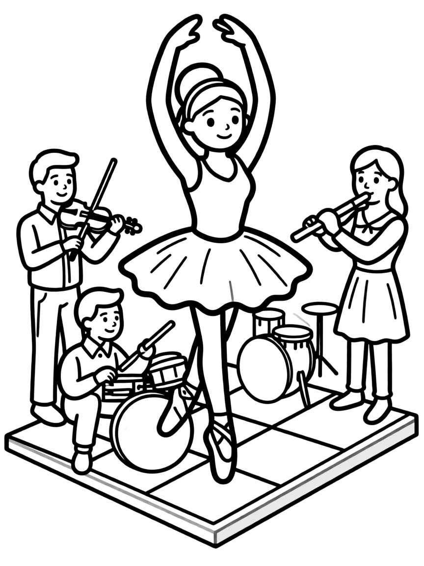 A ballerina posed as a figure on a chess board with musicians as other pieces
