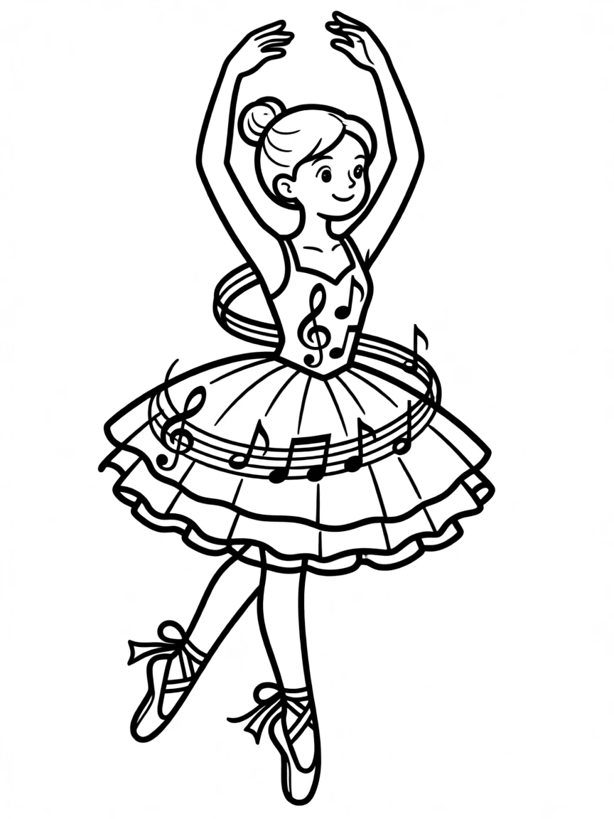 A ballerina with musical note-shaped costume elements and dancer's physique