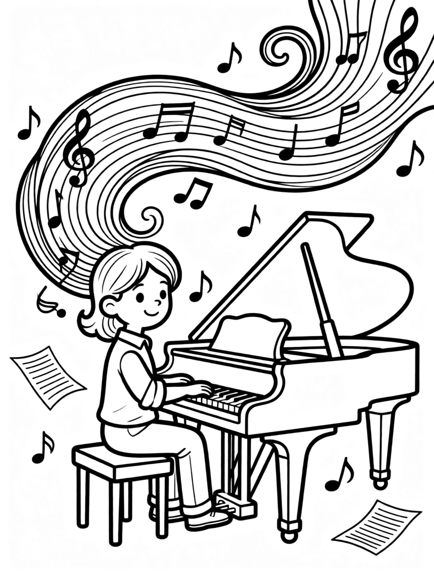 A pianist whose hair flows like sheet music with notes embedded