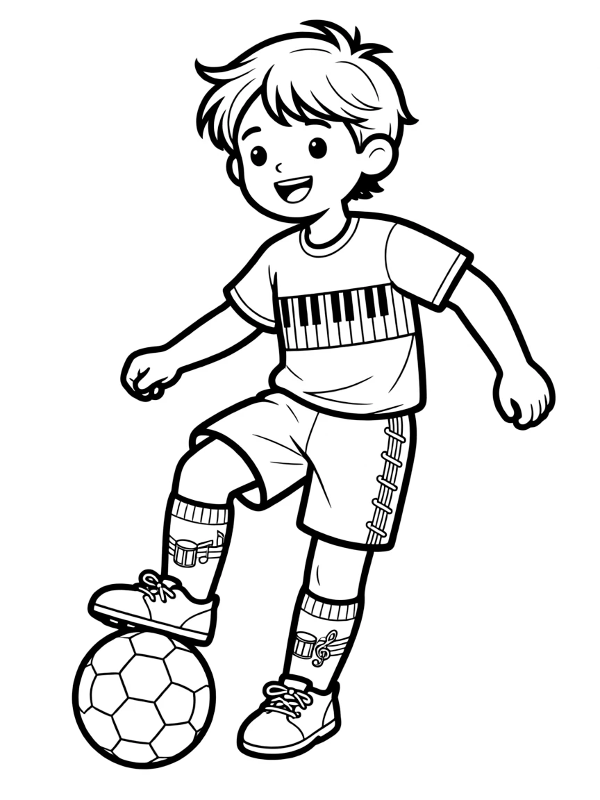 A soccer player with musical instrument parts integrated into uniform