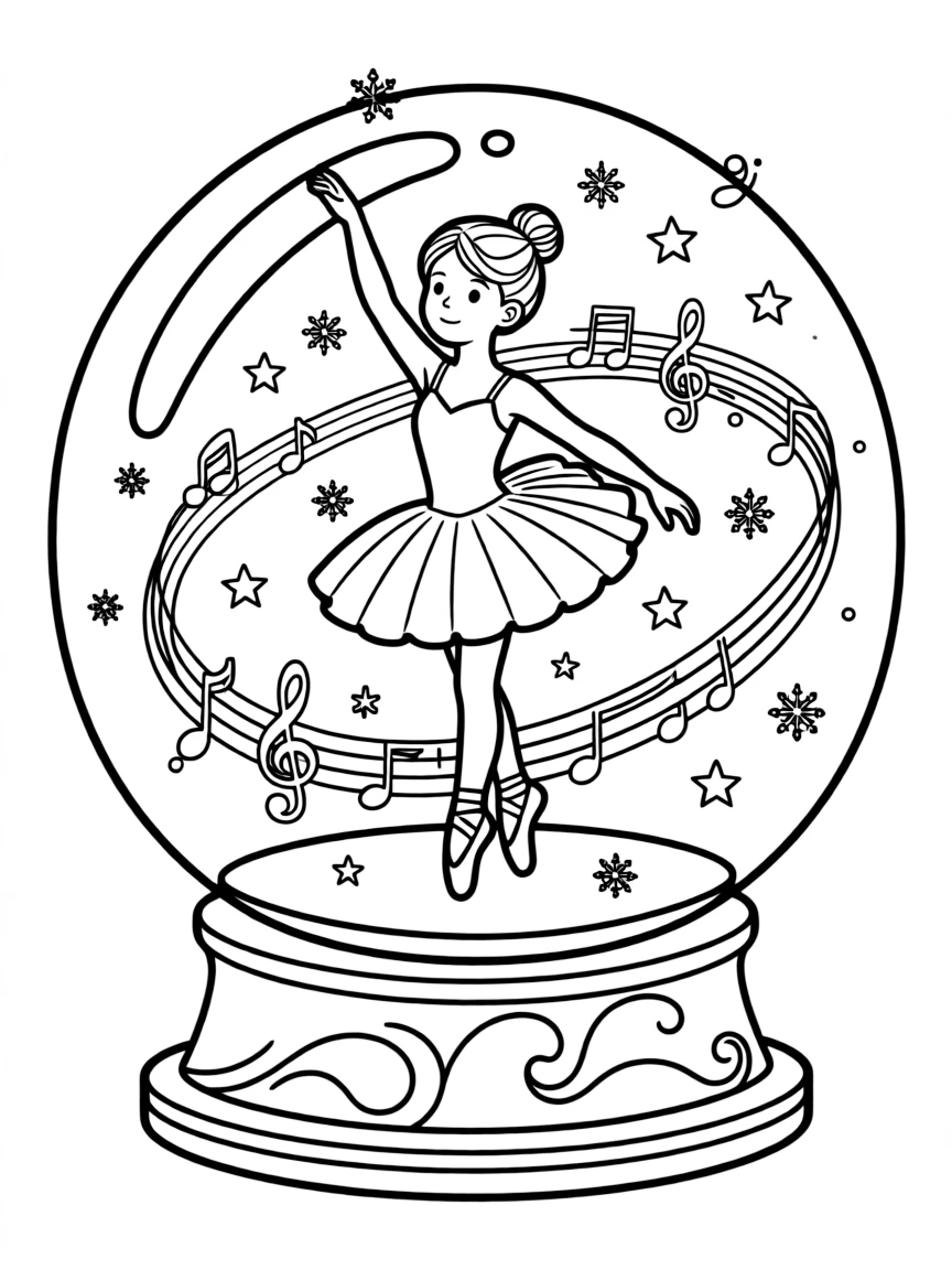 A ballet dancer posed inside a snow globe with musical elements