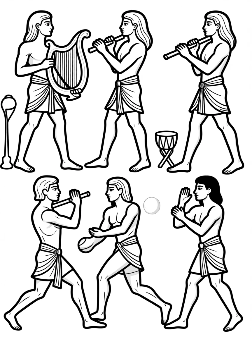 Ancient Egyptian musicians and athletes depicted in tomb painting style